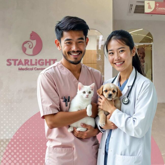 pet hospital staff holding a kitten and puppy