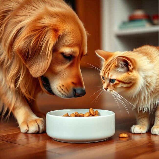 dog and cat eating together