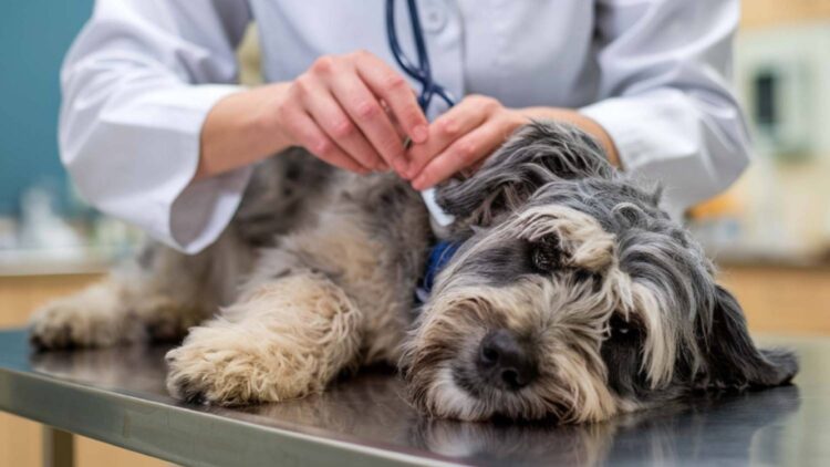 Close-Up Photo of brown dog being checked by veterinarian