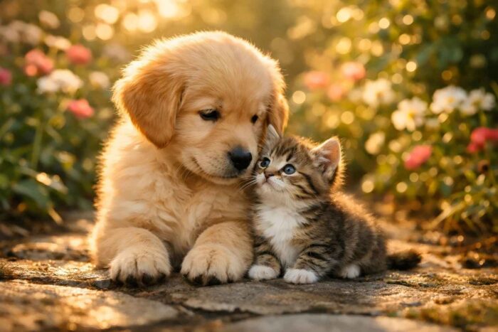 A brown puppy and a tabby kitten looking at each other while outside