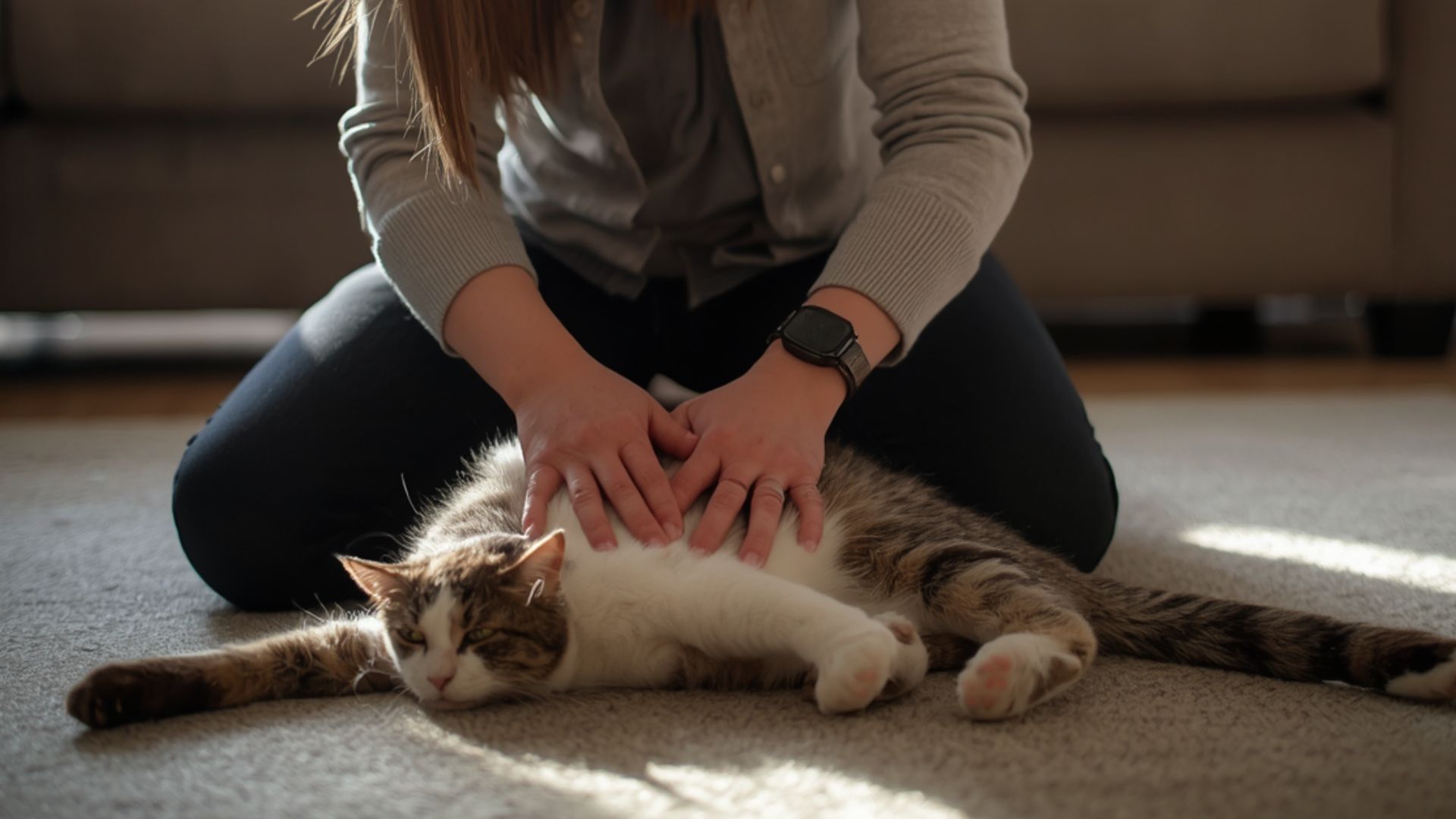 Cat CPR being performed on an unconscious cat during an emergency first aid situation
