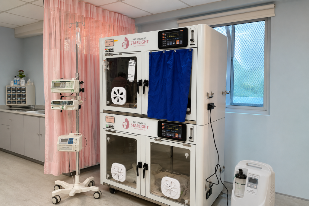 Pet ICU chamber at Starlight Veterinary Hospital used for critical care monitoring and oxygen therapy for dogs and cats.