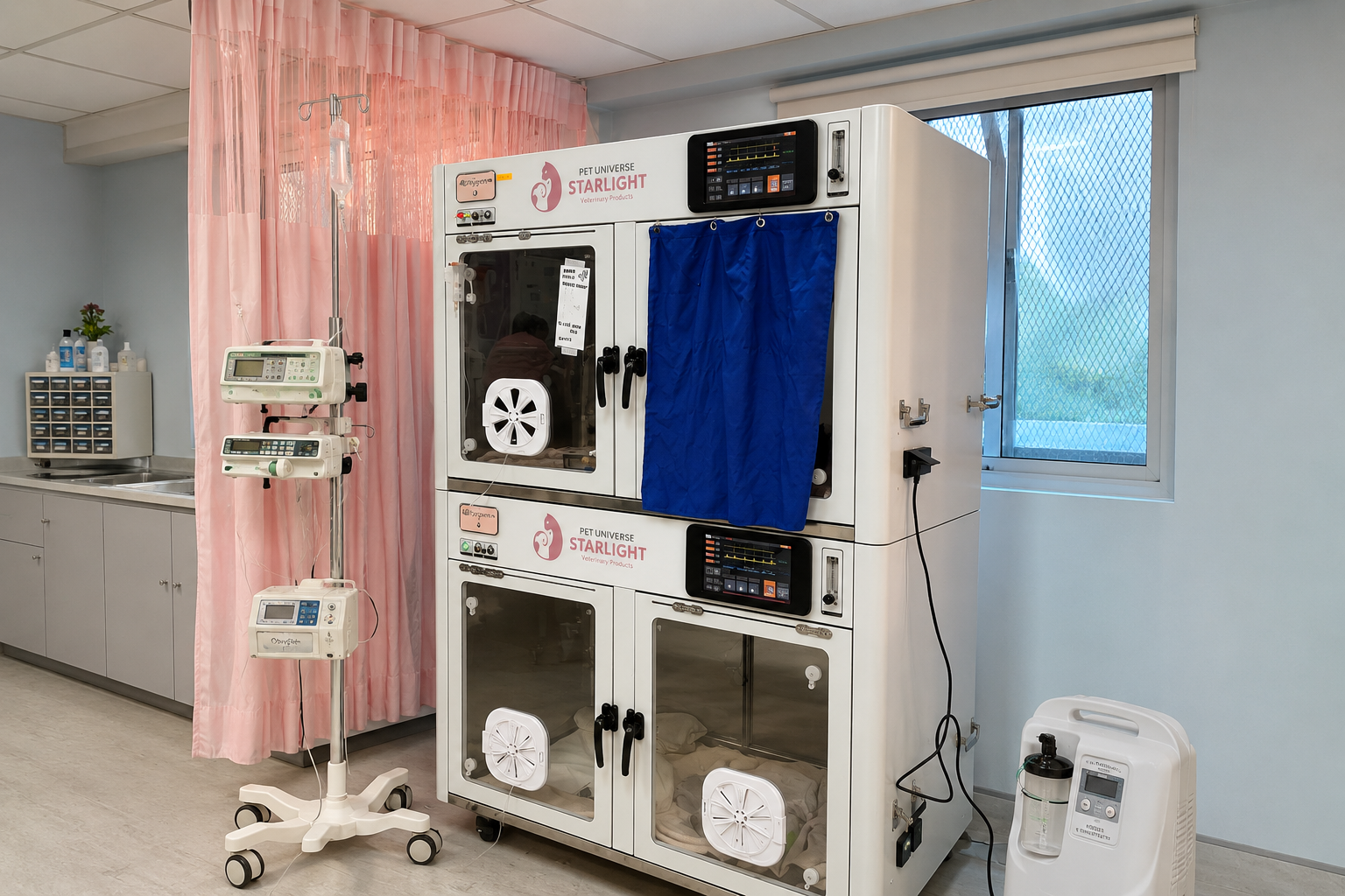 Pet ICU chamber at Starlight Veterinary Hospital used for critical care monitoring and oxygen therapy for dogs and cats.